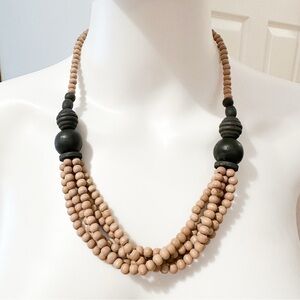 Vintage Wooden Beaded Layered Necklace Neutral Brown Black